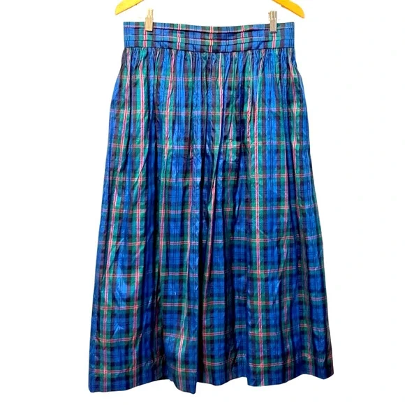 Vintage Susan Bristol 100% Silk Skirt Size 16 Plaid Pleated Blue Tartan Preppy - Picture 2 of 10
